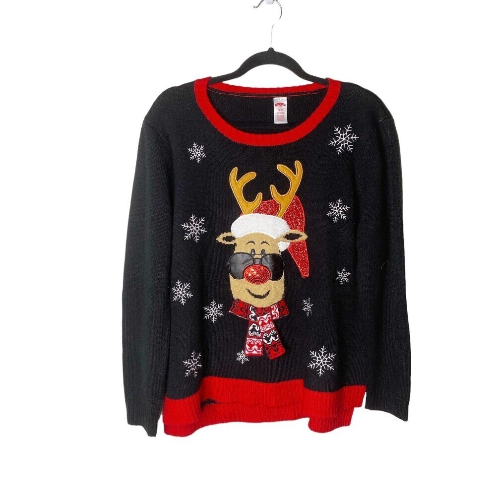 Holiday Time Ugly Christmas Sweater Women XL Color Black/Red Reindeer Sunglass